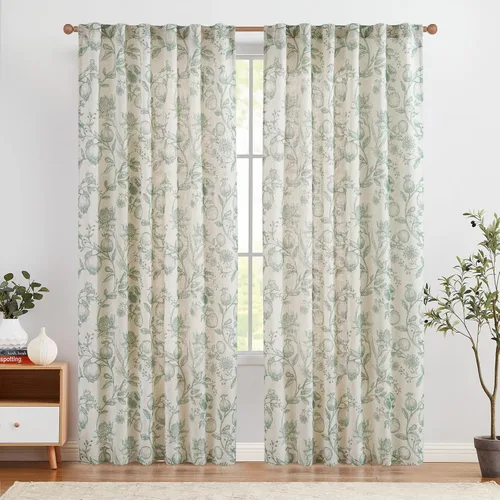 Miniatura 15 de Jinchan Cortinas de lino para sala de estar de 63 pulgadas de largo, con estampado de hojas tropicales, cortinas botánicas de lino estilo rústico