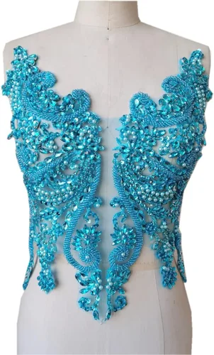 Miniatura 18 de Apliques de encaje hechos a mano con diamantes de imitación para coser en cuentas y lentejuelas para accesorios de ropa de vestido, (verde)