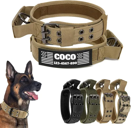 Miniatura 11 de Collar táctico personalizado para perro con parches de nombre y números, collar personalizado resistente con hebilla de cinturón de metal de 2 pines
