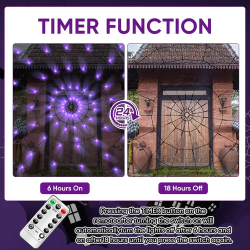 Miniatura 4 de LCHUANG Decoraciones de Halloween con luces de telaraña – 2 piezas de telaraña iluminadas, 4 pies de diámetro, 70 LED con araña negra, impermeable