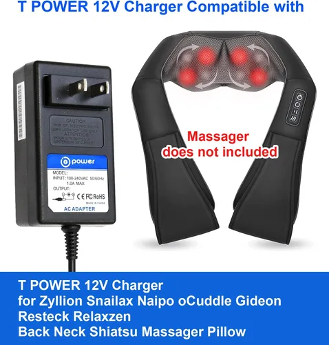 Miniatura 5 de T POWER Cargador de 12 V para Zyllion Snailax Naipo oCuddle Gideon Resteck Relaxzen TruMedic Back Neck Shiatsu masajeador almohada ZMA-25, ZMA-19
