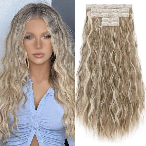 S-noilite Extensiones de cabello sintético con clip de 24 pulgadas, 5 unidades, ondas sueltas, extensiones de cabello sintético grueso y natural,