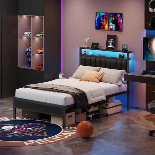 Miniatura 4 de Furnulem - Base de cama tamaño matrimonial con estación de carga y luces LED, plataforma con listones de metal, cabecera tapizada gris con estantes