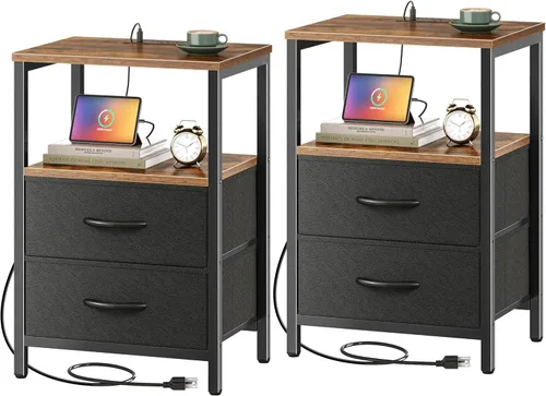 Miniatura 12 de Huuger - Mesita de noche con estación de carga, mesa auxiliar con 2 cajones de tela, mesa de centro con estante abierto, mesita de cama con puerto