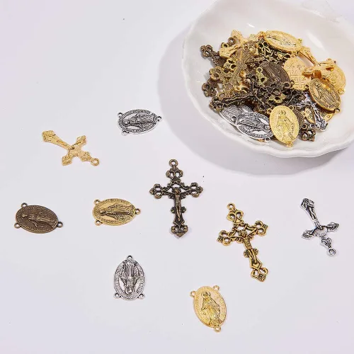 Miniatura 5 de SUNNYCLUE Colgantes de cruz de rosario de estilo tibetano y medalla milagrosa central de Pascua, colgantes de crucifijo de cruz vintage, eslabones