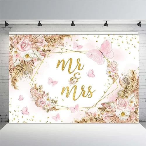 MEHOFOND Telón de fondo bohemio de boda Mr & Mrs de 7 x 5 pies - Hierba rosa de las Pampas y mariposas - Poliéster
