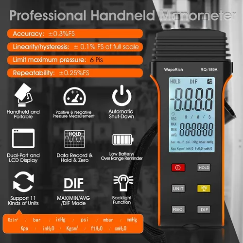 Miniatura 2 de Medidor de presión de gas Manometer HVAC, medidor de presión de aire manómetro de doble puerto WapoRich ±13.79Kpa/2.000Psi ±0.3% con 11