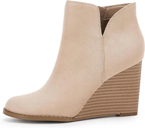 Miniatura 2 de LAICIGO Botines de cuña con corte en V para mujer, con cremallera, puntera cerrada, tacón apilado, botas de invierno de gamuza sintética