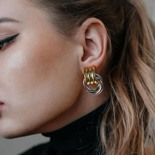 Miniatura 2 de Aretes gruesos de nudo dorado para mujer, aretes de eslabones largos con diseño geométrico de oro y plata