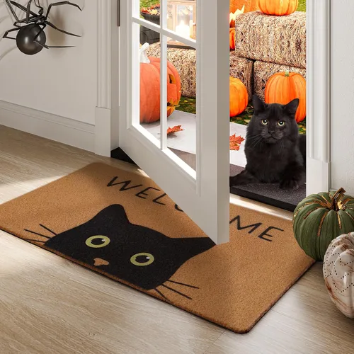 Miniatura 2 de Tapete para Puerta de Gato Tapete de Bienvenida, Gato Negro con Ojos Verdes Tapete para Puerta, Tapetes de Bienvenida Antideslizantes de Gato