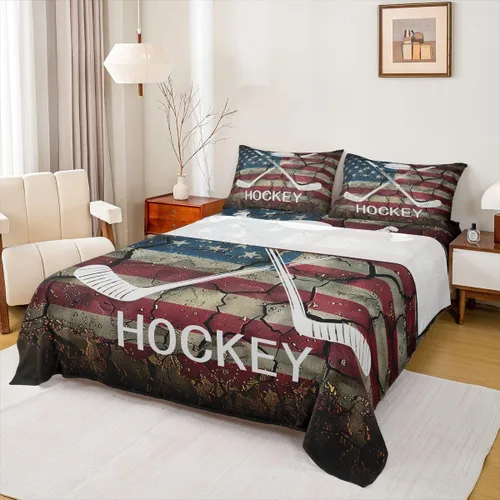 Miniatura 23 de Erosebridal Juego de sábanas de la bandera estadounidense tamaño individual, juego de sábanas de hockey para niños y adolescentes, juego deportivo