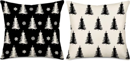 Fundas de almohada decorativas para árbol de Navidad en blanco y negro de 16 x 16 pulgadas, juego de 2 fundas de almohada con diseño de árboles de