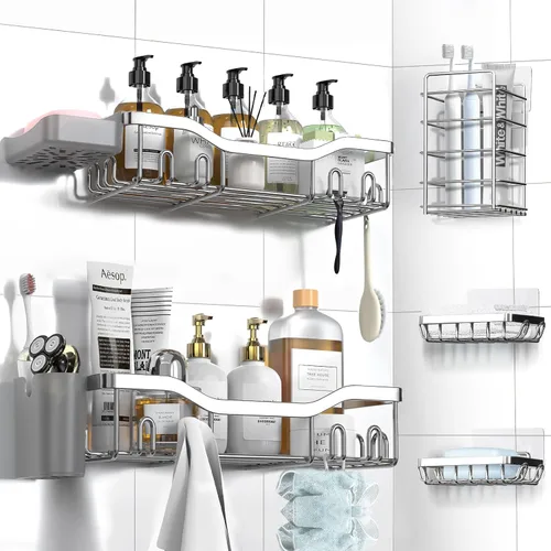 Miniatura 16 de NESOMI Organizador de Ducha Adhesivo Juego de 7 Piezas, Estantes de Baño de Acero Inoxidable a Prueba de Óxido, Accesorios de Almacenamiento sin