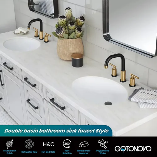 Miniatura 9 de gotonovo Grifo de lavabo de baño de 8 pulgadas, 3 agujeros, 2 asas, lavabo con drenaje desplegable con válvulas mezcladoras frías y calientes