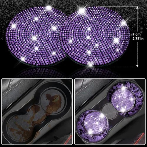 Miniatura 7 de CAR PASS Fundas de asiento de automóvil de cuero con diamantes brillantes, 11 unidades, funda de volante con diamantes de imitación brillantes