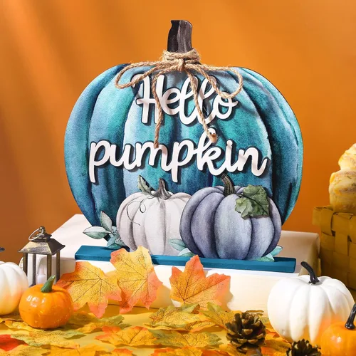 Miniatura 4 de Soaoo Decoración de Acción de Gracias, letrero de madera de otoño con texto en inglés "Hello Pumpkin", decoración de mesa de calabaza de otoño de 11