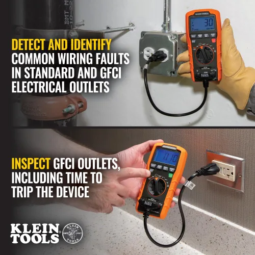 Miniatura 4 de Klein Tools ET270 Multímetro digital de rango automático, CA/CC, resistencia, continuidad, probador de receptáculo GFCI con cables de prueba y cable