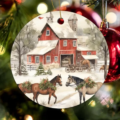 Miniatura 8 de Adorno navideño de caballos de granja, regalo para amantes de los caballos, de porcelana de doble cara, adorno de 3 pulgadas para árbol de Navidad