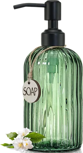 Miniatura 8 de JASAI Dispensador de jabón verde de 18 onzas con bomba a prueba de óxido, dispensador de jabón de baño recargable con vidrio grueso, dispensador