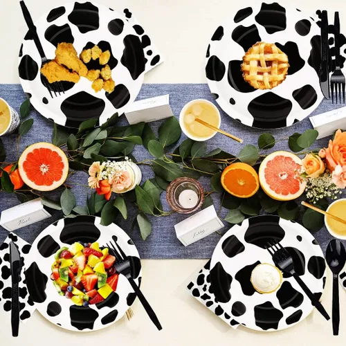 Miniatura 4 de 150 piezas de suministros de fiesta con estampado de vaca, juego de vajilla con estampado de vaca de granja que incluye platos de papel de vaca de 9