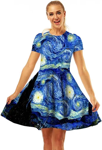 Miniatura 6 de Plustrong Vestido midi acampanado casual de manga corta con estampado 3D para mujer