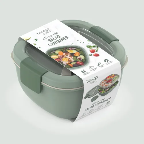 Miniatura 8 de Bentgo Recipiente para ensalada – Tazón de 54 onzas con bandeja de 4 compartimentos para aderezos, recipiente a prueba de fugas, tenedor Caqui Verde