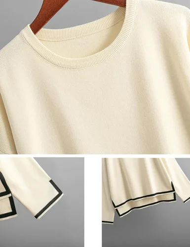 Miniatura 6 de Conjunto de suéter de 2 piezas para mujer, conjunto de punto de manga larga, sin botones, pantalones de pierna ancha