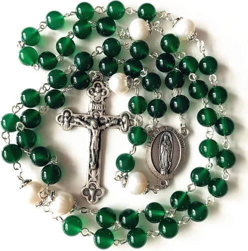 Miniatura 4 de elegantmedical Cuentas de ágata verde hechas a mano y perla real católica guadalupe rosario collar cruz