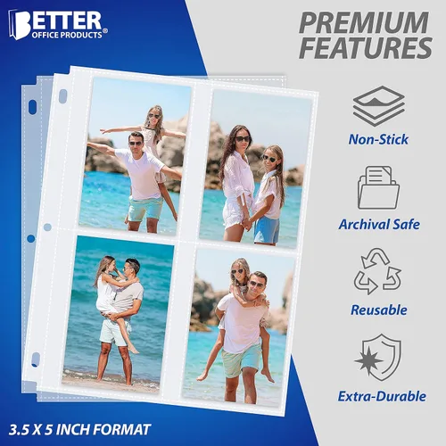 Miniatura 5 de Better Office Products Hojas de repuesto para álbum de fotos, 3.5 x 5 pulgadas, pesadas, de 3 anillos transparentes de diamante, 200 fotos en total