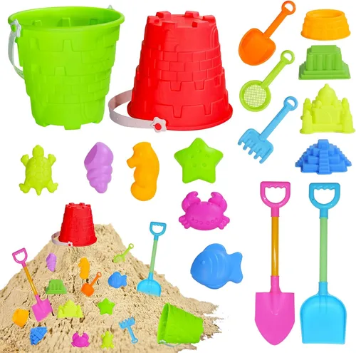 Juego de 17 juguetes de playa para niños, incluye cubo, moldes, pala, rastrillo, tamiz y juguetes de castillo, cubo de arena y pala para niños y