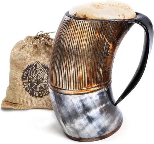 Miniatura 15 de Norse Tradesman LG Viking Cuerno para Beber - Jarra de Cuerno de Cerveza 100% Auténtica con Fondo de Madera Dura y Grabados de Anillos The