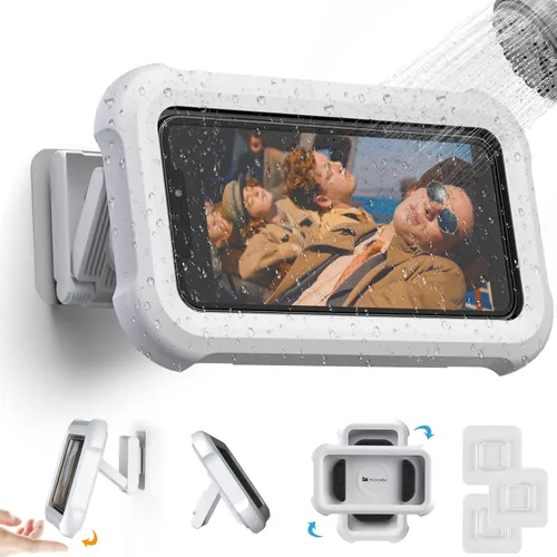 Mistriddle Soporte impermeable para teléfono de ducha con rotación de 360°, ángulo ajustable, soporte de teléfono montado en la pared para espejo de