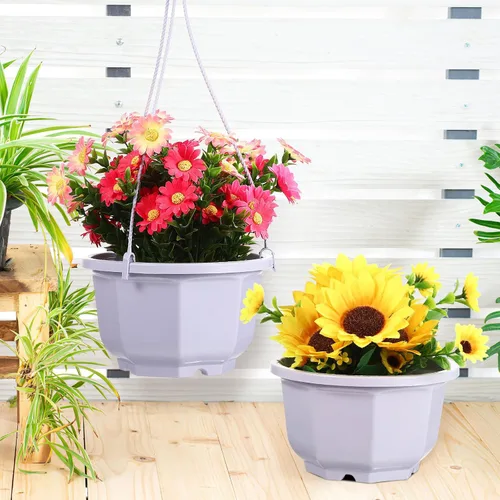 Miniatura 4 de 8-Inch Hanging Planters Octagonal Plastic Flower Pots with Hook, 10pcs Indoor Hanging Plant Baskets for Balcony and Garden, White Gardening