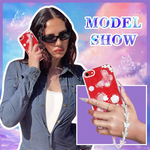 Miniatura 3 de Funda 3 en 1 para iPhone SE/7/8: diseño de mariposa 3D, purpurina, brillante, cristal, estilo lindo femenino, cadena y protector de pantalla