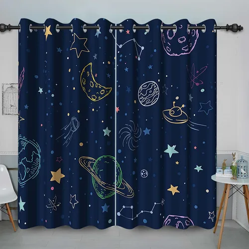 Miniatura 12 de Cortina opaca con diseño de dibujos animados para niños, diseño de luna, estrellas, planetas, cortinas de oscurecimiento con ojales inoxidables Azul