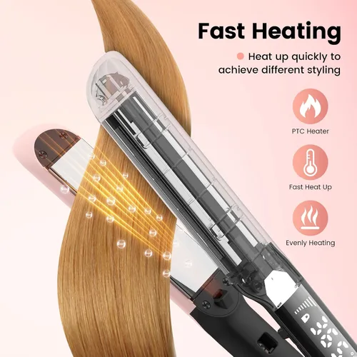 Miniatura 4 de PRITECH Plancha plana 2 en 1, plancha plana de titanio con iones negativos, temperatura ajustable (248℉-450℉) y apagado automático (rosa)