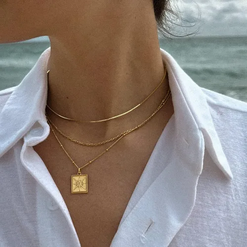 Miniatura 4 de Tewiky Collar de cadena de oro para mujer, chapado en oro de 14 quilates, collar de cadena de caja de ondas con cuentas finas, collar de oro