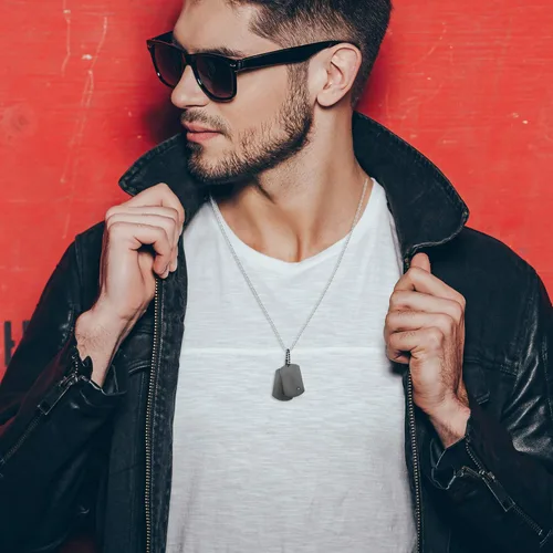 Miniatura 2 de Cupimatch Collar con colgante de doble etiqueta de perro de acero inoxidable estilo ejército para hombre con cadena de 22 pulgadas, plata