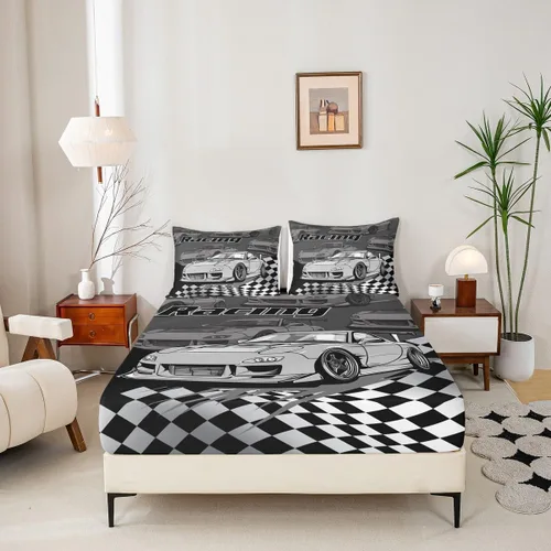 Miniatura 4 de Silver Race Cars - Sábana bajera ajustable para niños, tamaño individual, diseño de bandera de carreras en blanco y negro, decoración de habitación