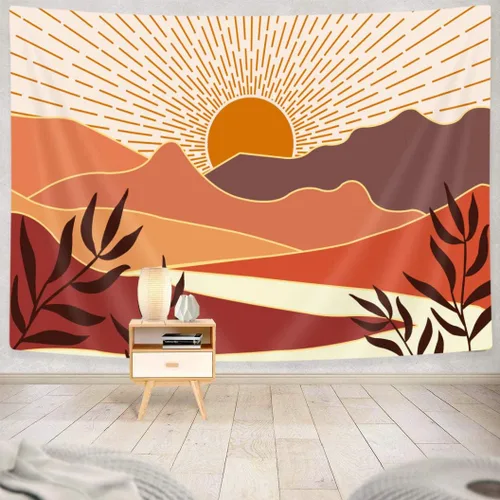 Hajmsug Tapiz bohemio de mediados de siglo para colgar en la pared, diseño abstracto de montañas, ríos, plantas, hojas, puesta de sol, paisaje,