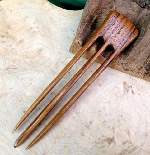 Miniatura 3 de JWL (1) Horquilla de madera de teca de tres puntas de 6 pulgadas para el pelo recto, estilo hawaiano
