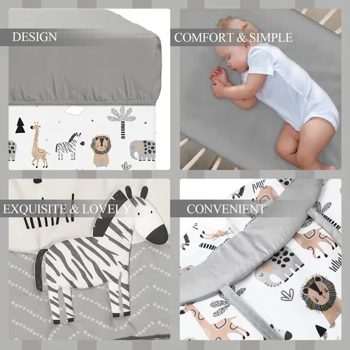 Miniatura 5 de Juego de ropa de cama de 4 piezas para cuna con animales del bosque, incluye falda de cuna de safari en la jungla, manta, sábana de cuna y apilador