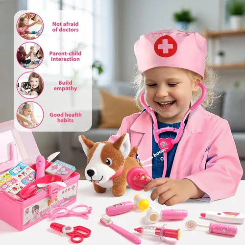 Miniatura 3 de Kit de médico para niños pequeños de 3 a 5 años, disfraz para niñas de 2 años, veterinario, juego de médico con estetoscopio, disfraz rosa, juguete