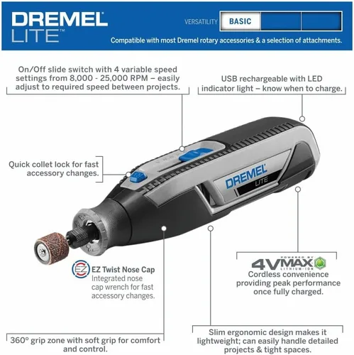 Miniatura 2 de Dremel Lite 7760 N/10 - Herramienta rotatoria inalámbrica de iones de litio de 4V, kit multipropósito de velocidad variable, carga USB, cambios