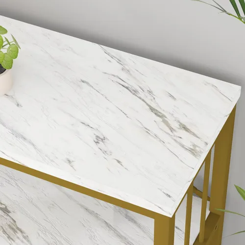 Miniatura 4 de LVB Mesa consola blanca de 3 niveles, moderna mesa de entrada de sofá de mármol sintético dorado, mesas de pasillo de metal de madera con estantes