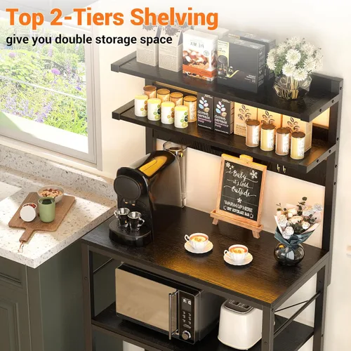 Miniatura 5 de Aheaplus - Estantería de cocina con toma de corriente, soporte para microondas, estación de café de 5 niveles con luces LED, estante