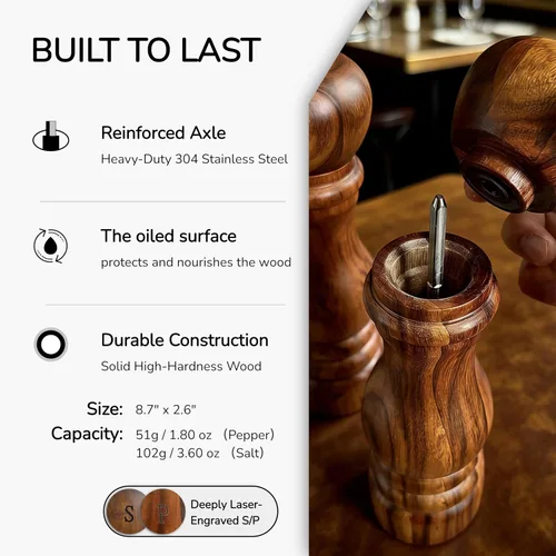 Miniatura 6 de Molinillo de pimienta de madera, molinillo de pimienta manual con núcleo de acero inoxidable, pimentero recargable con cuerpo de madera de haya