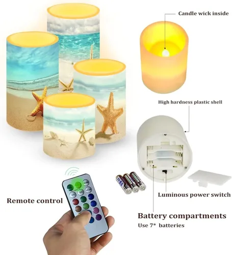 Miniatura 2 de Velas LED parpadeantes operadas por batería, juego de 4 con control remoto y temporizador, velas de llama danzante, velas de pilar para mesa, Playa
