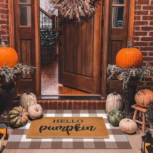 Miniatura 10 de Juego combinado de tapetes de puerta de decoración de otoño, 100% fibra de coco + alfombra a cuadros naranja y negra de 28 x 43 pulgadas, tapete