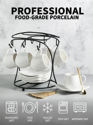 Miniatura 2 de LYEOBOH Juego de tazas de café expreso con platillos, tazas de café de porcelana y soporte de metal y cucharas, tazas pequeñas Demitasse